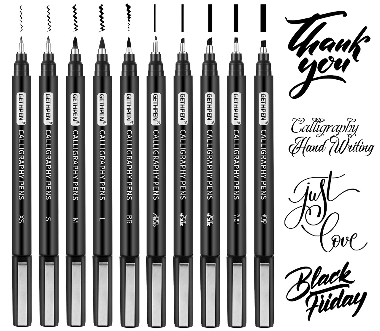 GETHPEN 10-Size Calligraphy Pen – Brush Pens Calligraphy Set Hand Lettering Pen for Beginners Art Drawing & Greeting Cards – Calligraphy Pens Black Archival Ink Pens Kit for Sketching, Scrapbooking